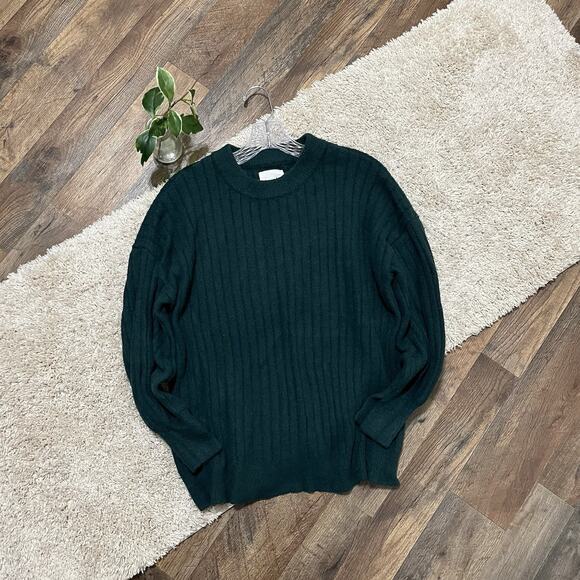 Aerie Size Small Oversized Green Ribbed Crewneck Split Cuff Pullover Sweater - Picture 2 of 6